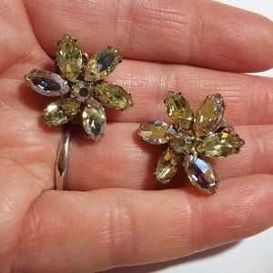 Vintage Clip Earrings With Aurora Borealis Glass R